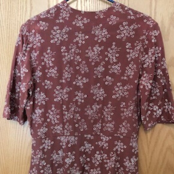 Vintage 1940s Rayon Dress Floral Reddish Brown V Neck Shoulder Gathers 14 Large - Picture 7 of 9